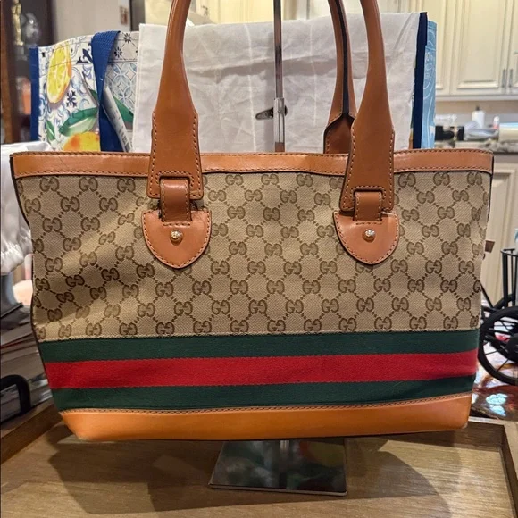 Gucci Beige and Brown Tote with Green and Red Stripes - Picture 3 of 5